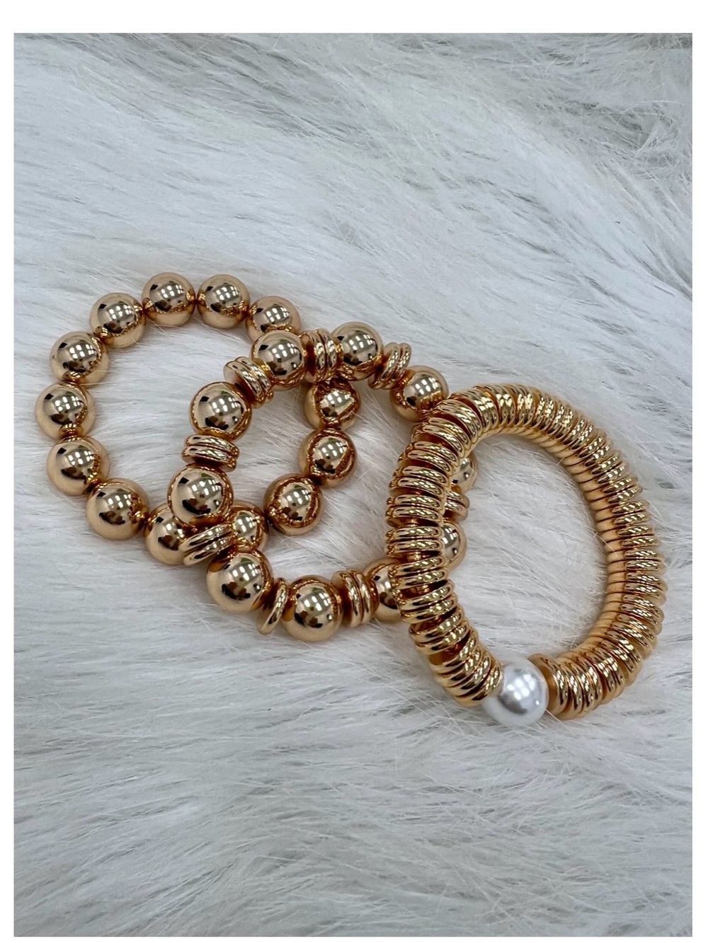 Gold Beaded Stretch Bracelet Set with Pearl Accent